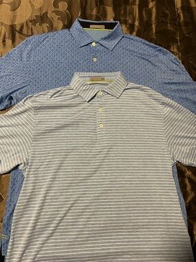 TWO- Tasc Performance Men's Light Blue Striped and Patterned Polo Shirts Medium
